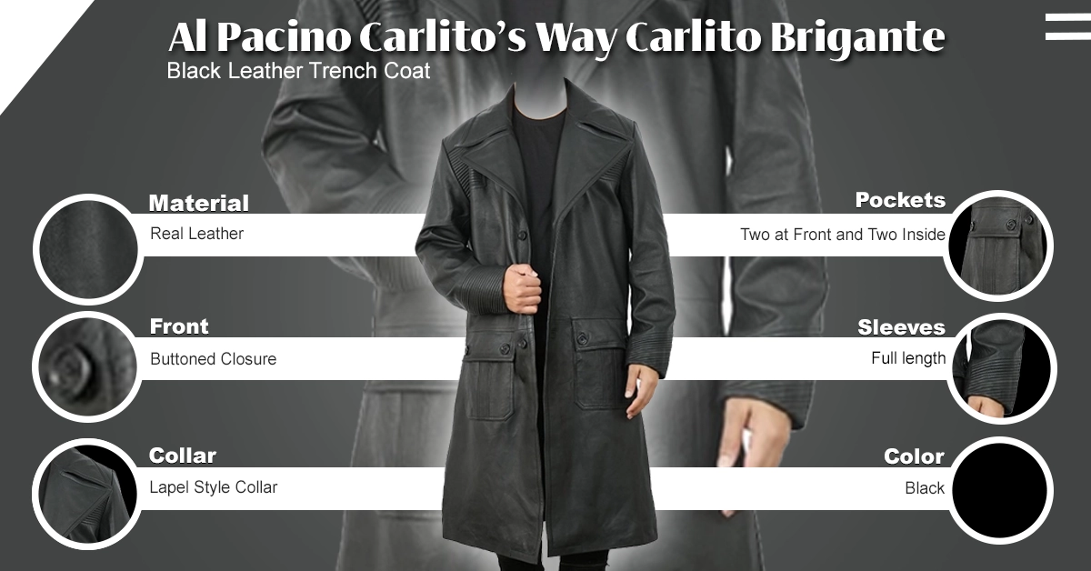 Al Pacino Carlito’s Way Carlito Brigante Black Leather Trench Coat