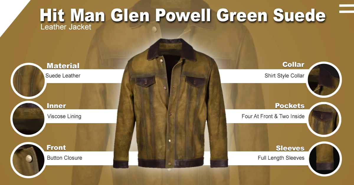Hit Man Glen Powell Green Suede Leather Jacket