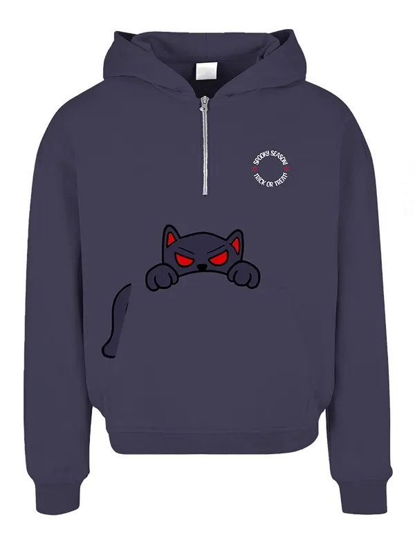 Spooky Season Custom Hoodie – Halloween Cat & Skull Graphic Pullover