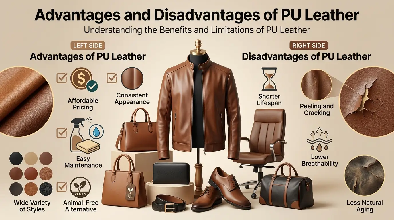 Advantages and disadvantages of PU leather showing affordability, easy maintenance, style variety, peeling, cracking, and durability factors