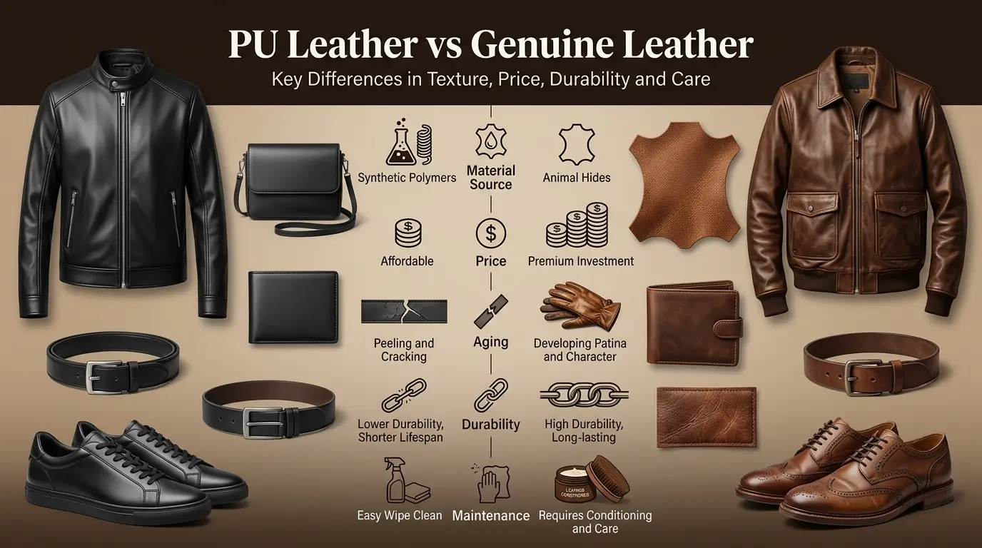 PU leather vs genuine leather comparison showing material source, price, aging, durability and care